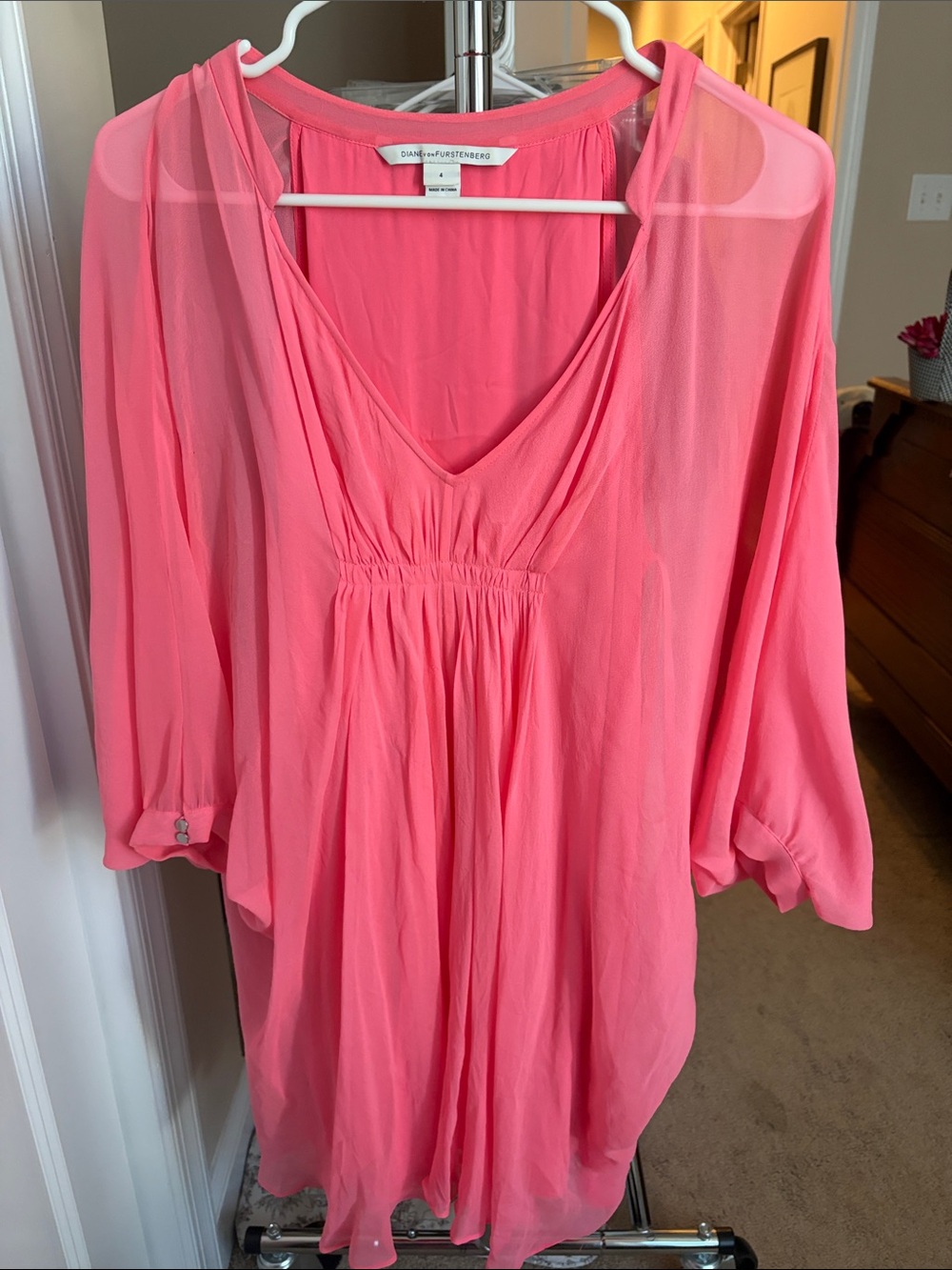 Diane Von Furstenberg Coral-Pink V-Neck Chiffon Tunic